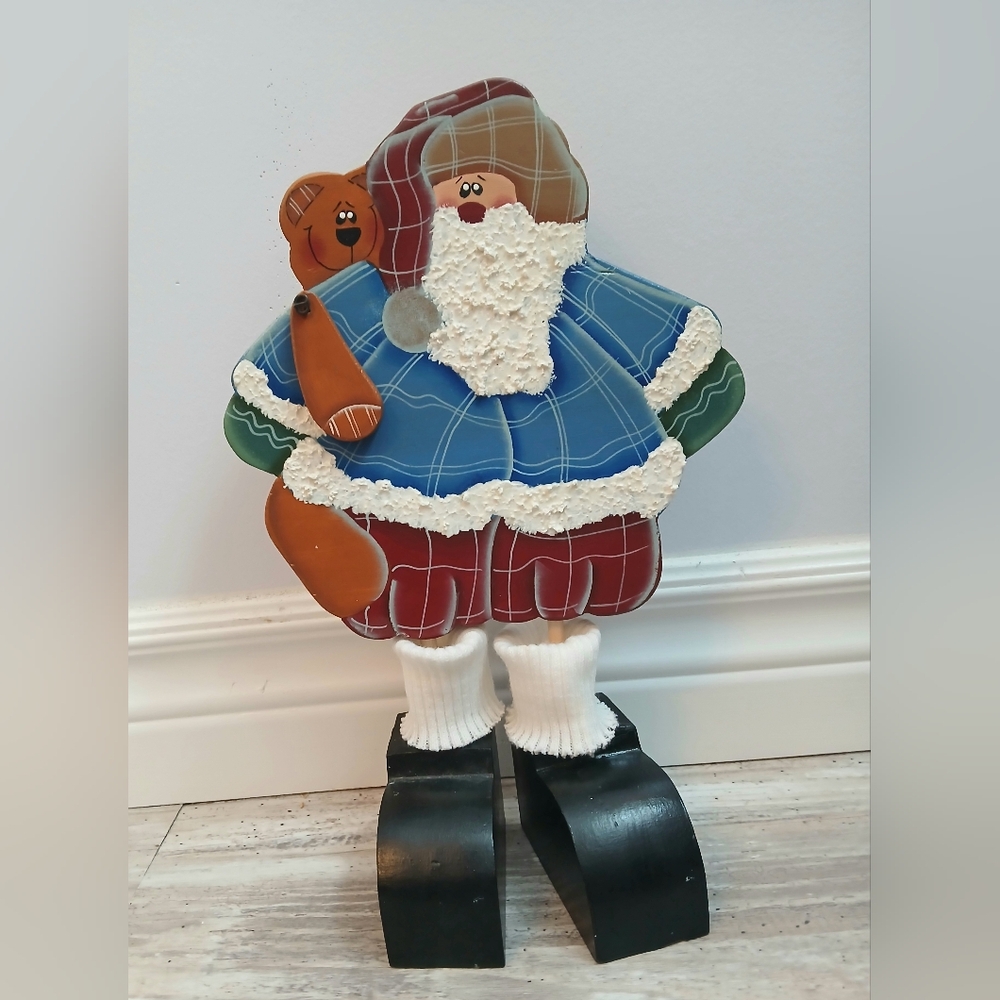 Vintage hand painted wood folk art Santa & Teddy textured beard Christmas decor